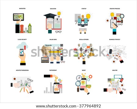 Vector set  flat web icons on following themes - business and finance, education and knowledge, technology and hardware,money,architecture design,social network,creative process,cloud security