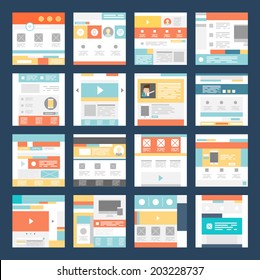 Conjunto de vectores de plantillas de sitio web planas. Elementos de navegación e iconos