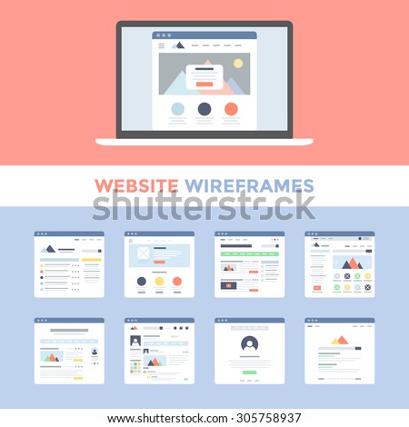 Vector set of flat website wireframes on laptop screen