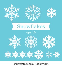 Vector set of flat white snowflakes on a blue background.