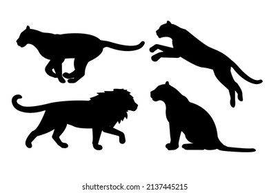 Vector set of flat wild big cats silhouette isolated on white background