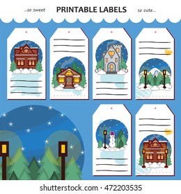 Vector set of flat winter labels, gift tags, stickers, bookmarks. Printable design gift cards. Cute festive house, home, cabin, cottage, forest landscape, mountains, snowman, street lamp flat elements