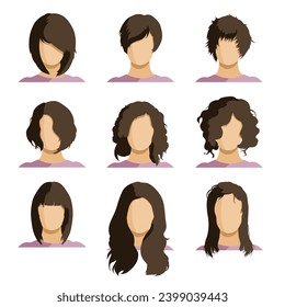 Vector Set of Flat Woman Faces with Different Hairstyles. Minimalistic Userpics.