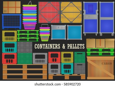 Vector set of flat wood, plastic, metal containers and pallets for transportation and storage of goods on black background.