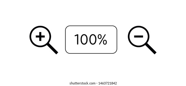 Vector set of flat zoom loupe icon illustration. Black magnifying glass and 100% box isolated on white background. Design element for web ui, site, landing, interface