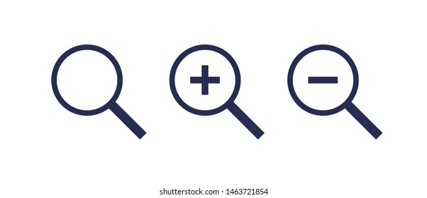 Vector set of flat zoom loupe icon illustration. Three black magnifying glasses with plus and minus isolated on white background. Design element for web ui, site, landing, interface