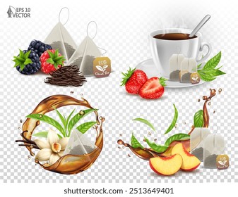 Conjunto vetorial de chá de gelo de fruta aromatizado isolado em fundo branco. Sabores gourmet, morango, pêssego, baunilha. Chá transparente realista. Bebida quente. Ilustração de comida 3d, design de publicidade