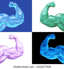 Conjunto vectorial de brazos humanos fuertes y flexados. Músculos tensos con colores inusuales. Iconos de neón azul cristal, verde, violeta y brillante. Extraños bíceps de agua elemental, mutantes cómicos o zombis de Halloween