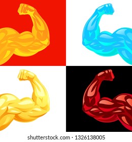 Vector set of flexed strong male arms. Tense hand muscles with a different colors. Fiery orange, crystal blue, golden and aggressive red icons. Modern symbols of healthy workout and bodybuilding