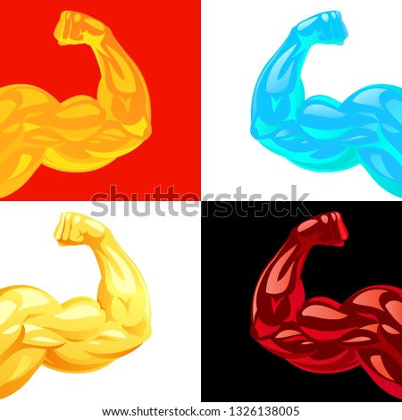Vector set of flexed strong male arms. Tense hand muscles with a different colors. Fiery orange, crystal blue, golden and aggressive red icons. Modern symbols of healthy workout and bodybuilding