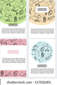 Vector set of flier templates with hand drawn illustrations of superfoods with inscription and place for text. Vertical card designs in four different colors.