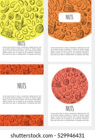 Vector set of flier templates with hand drawn illustrations of different nuts with inscription and place for text. Vertical card designs in yellow, orange, pink and brown colors.