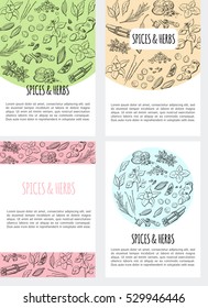 Vector set of flier templates with hand drawn illustrations of different spices and herbs with inscription and place for text. Vertical card designs in green, beige, pink and blue colors.