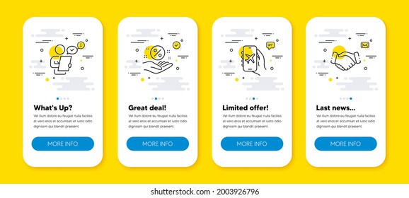 Vector set of Flight mode, Loan percent and Customer survey line icons set. UI phone app screens with line icons. Handshake icon. Smartphone app, Discount hand, Contract. Deal hand. Vector