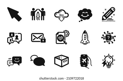 Vector set of Flight mode, Partnership and Cloud download icons simple set. Artificial intelligence, Messenger and Mouse cursor icons. Brand contract, Office box and Secure mail signs. Vector
