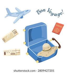 Vector set of flight objects. Airplane and suitcase image, tickets and passport. Tourism, adventure and travel concept.