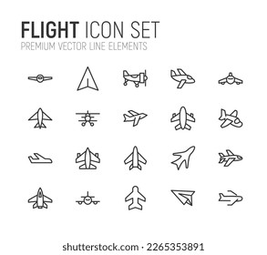 Vector set of flight thin line icons. Design of 20 stroke pictograms. Signs of flight isolated on a white background.