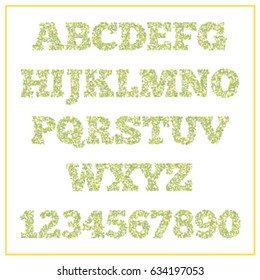 Vector set of floral alphabet. Cute decorative font made of flowers and leaves. Beautiful letters isolated on white background. Vintage or ecological style. Good for T-shirts, cards, decorating.