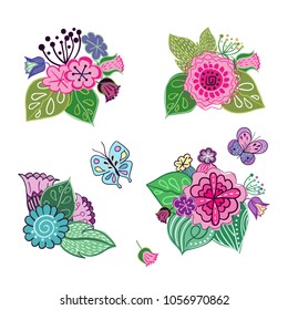 Vector set of floral arrangements in doodle style. Collection of patterns with natural elements. Flowers, leaves and butterflies