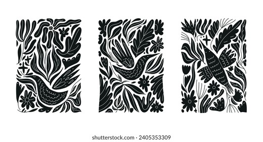 Conjunto vectorial de arte floral con ilustraciones de aves. Carteles de boho en silueta blanca y negra, huellas con hojas. Diseño orgánico de elementos de colección. Formas místicas de elementos mágicos