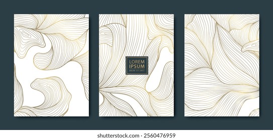 Vector set of floral art deco backgrounds, leaf flower patterns, gold line plant textures, posters, japanese elegant cards