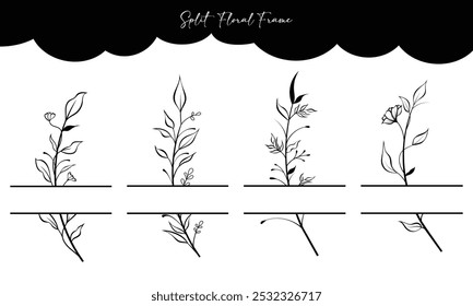 Vector set of Floral background, floral frame and wildflower border, line