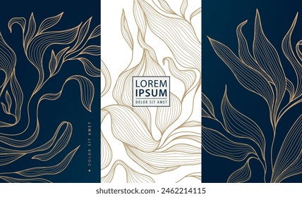 Vector set of floral background, label, box leaf pattern. Luxury jewelry, wine, perfume, gift box. Royal product texture, gold on black