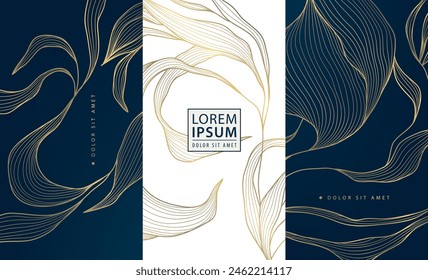Vector set of floral background, label, box leaf pattern. Luxury jewelry, wine, perfume, gift box. Royal product texture, gold on black