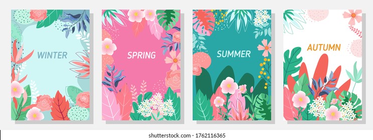 Vector set floral background, Nature background,Four seasons, template, banner, cover, templates, postcard.