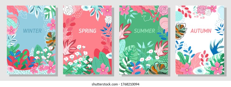 Fondo floral del conjunto vectorial, Fondo natural, Cuatro estaciones, plantilla, banner, cubierta, plantillas, postal.