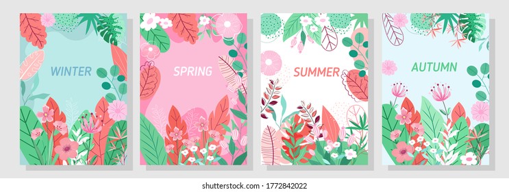 Vector set floral background, Nature background,Four seasons, template, banner, cover, templates, postcard.