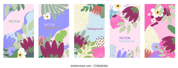 Vector set of floral backgrounds. Banners, posters, cover design templates, social media stories wallpapers with  flowers.