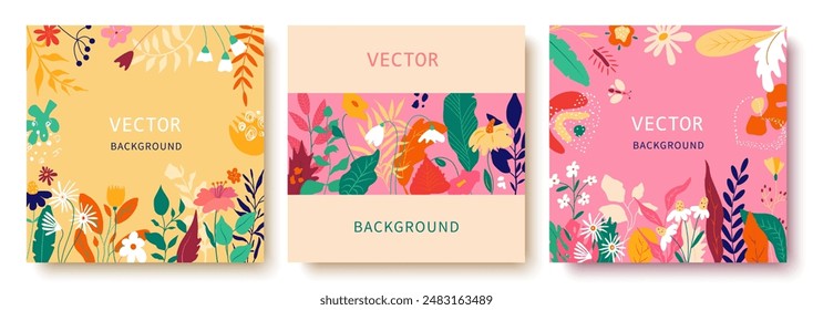 Conjunto de Vector de fondos florales. Anuncios, afiches, Plantillas de diseño de portada, historias de redes sociales Fondos de pantalla con flores.