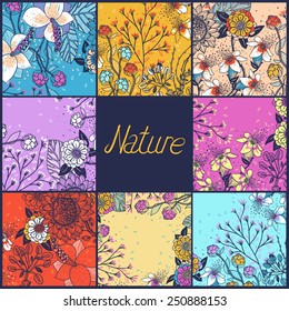 vector set of floral backgrounds with blooming flowers and plants