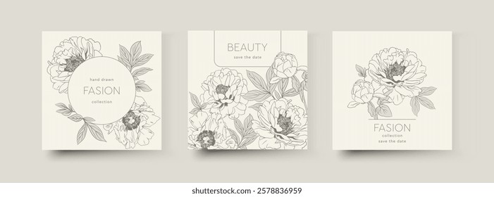 Vector set, floral backgrounds, social media stories, post feed mockups. Textured frame mockup. Use for beauty, jewelry, fashion, cosmetics, wedding, summer. Linear flowers, hand drawn