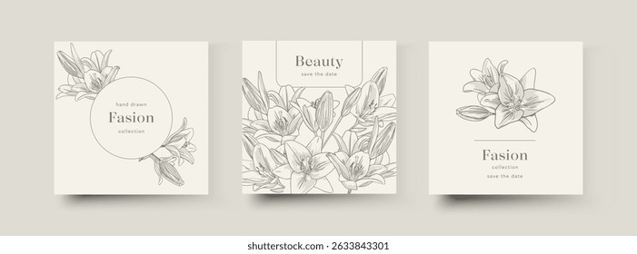 Vector set, floral backgrounds, social media stories, post feed mockups. Textured frame mockup. Use for beauty, jewelry, fashion, cosmetics, wedding, summer. Linear flowers, hand drawn