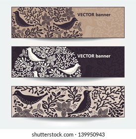 vector set of floral banners with abstract plants and birds