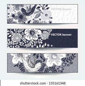 vector set of floral banners with blooming flowers and funny birds