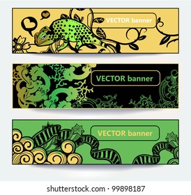 vector set of floral banners with a green lizard and abstract plants