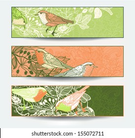 vector set of floral banners with hand drawn birds