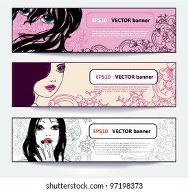 vector set of floral banners with pretty girls