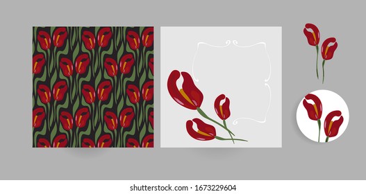 Vektorillustration-Set Blumenkarte minimalistisches Quadrat