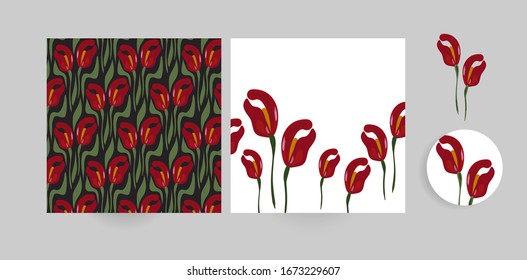 vector set floral blooming card minimalistic square