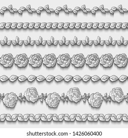 Vector set of floral border patterns, elegant collection of rose flower and leaves ornaments