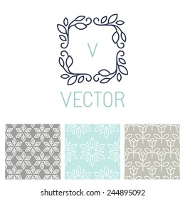 Vector set of floral border and seamless patterns in trendy mono line style - design elements for florists, spa and cosmetics