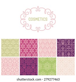 Vector set of floral border and seamless patterns in trendy mono line style - design elements for florists, spa and cosmetics