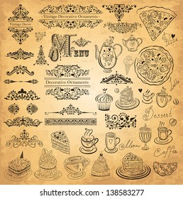 Vector set of floral borders, ornaments and decorative elements for design menu. Vintage style restaurant menu.