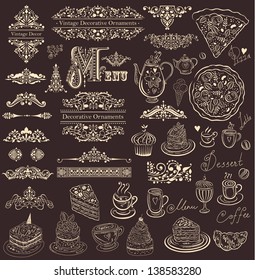 Vector set of floral borders, ornaments and decorative elements for design menu. Vintage style restaurant menu.