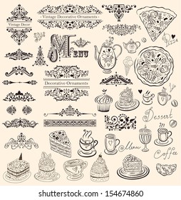 Vector set of floral borders, ornaments and decorative elements for design menu. Vintage style restaurant menu.