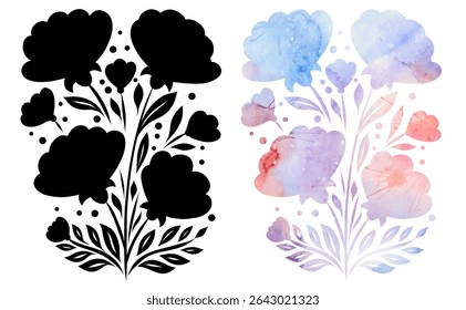 Vector set of floral bouquet clip arts. Collection of black and watercolor stylized flowers with leaves. Ideal for tattoo design, prints, embroidery, logos, and decorative art.